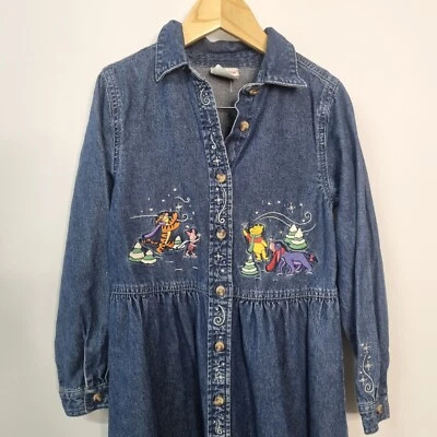 Disney Store Girls Winnie the Pooh Winter Snow Embroidery Blue Denim Dress 7 / 8 - Image 1 of 4