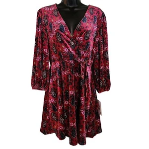 Bebop Samt Minikleid Paisley Print Langarm Wickeloptik Rot Damen M - Bild 1 von 9