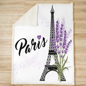 Flannel Blanket Lavender Flowers Sherpa Twin Eiffel Tower White 152x200cm - Picture 1 of 8