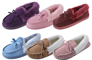 Womens Luxury Faux Fur Lined Moccasins Ladies Comfort Slippers Xmas Gift Size