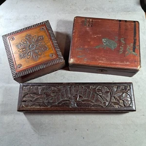 Vintage Ornate Wooden Box Bundle, 2x Carved from India & 1x Laquered from China - Picture 1 of 18