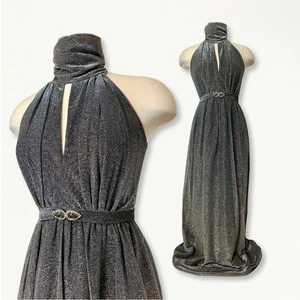 Vintage 70er Silber Metallic Studio 54 Schlüsselloch Schmuck Gürtel Neckholder Maxikleid - Bild 1 von 15