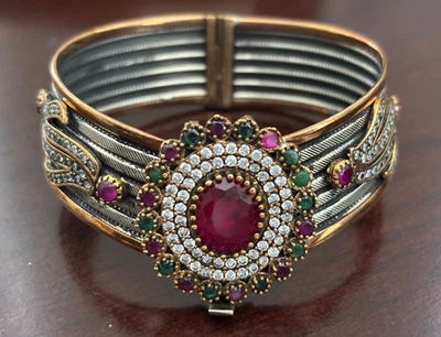 VINTAGE FAUX RUBIES DIAMONDS EMERALD COPPER ACCENT 325 8 Karat Turkish BRACELET - Image 1 of 4