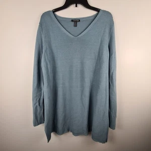 Eileen Fisher Blue V Neck Long Sleeve Ribbed Tunic Top 100% Tencel Sweater - Picture 1 of 7