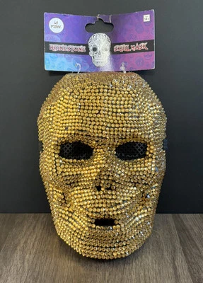 Gold Rhinestone Skull Full Face Mask Masquerade Halloween Mask Elastic Strap 14+ - Image 1 of 4