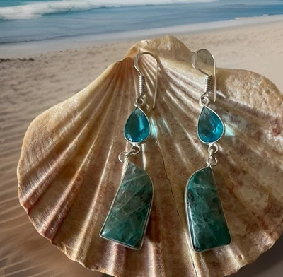 Azurite & Blue Topaz Handcrafted Gemstone earrings - 925 Silver Plated-New - Image 1 of 3