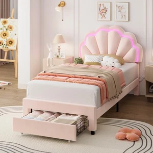 Twin Upholstered Smart LED Bed Frame with Storage Drawer and Adjustable Chic ... - Picture 1 of 8