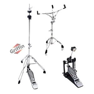 3er-Pack Kick Drum Fußpedal, Snare Ständer & Hi-Hat Pedal GRIFFIN Schlagzeuger Chrom - Bild 1 von 14