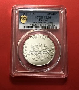 FINLAND-1991 P-M- OUTSTANDING 100 MARKKAA SILVER COIN,GRADED BY PCGS PL66. - Picture 1 of 4