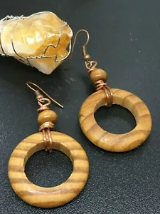 Wooden earrings / wooden circle earrings / copper drop wood earrings / handmade. - Picture 1 of 9
