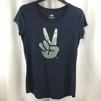 Justice Girls Sz 20 T-Shirt Shimmery Dark Blue Top with Silver Hand Peace Sign - Image 1 of 4