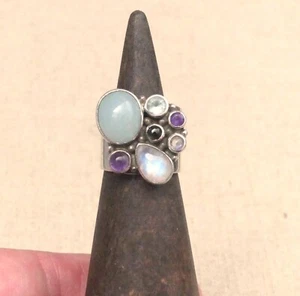 Anillo de plata esterlina firmado Sajen varias piedras preciosas amatista piedra lunar talla 6 artesano - Imagen 1 de 12