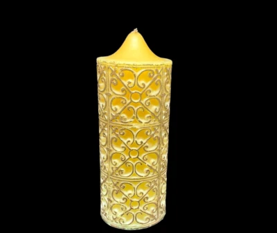 Vintage 1960s 8" Hand Made Beeswax Pillar Candle Embossed Regal Scroll BEAUTIFUL - Image 1 of 4