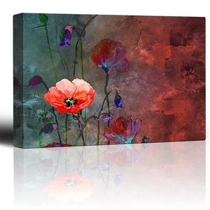 Poppy Flowers Artwork over a Blue and Red Picture -Canvas Wall Art- 12x18 inches - Picture 1 of 3