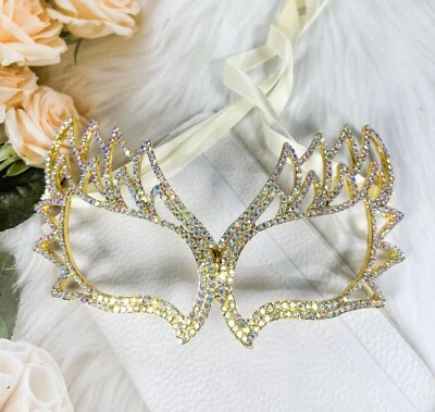 Gold Masquerade Mask, Venetian Mardi Gras Mask, AB Crystal Prom Party Eye Mask - Image 1 of 4