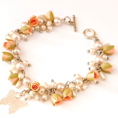 Brazalete Artesanal Flor Melocotón y Perla 7.5" Plata Filigrana Mariposa Hecho en EE. UU. Foto 1 de 4