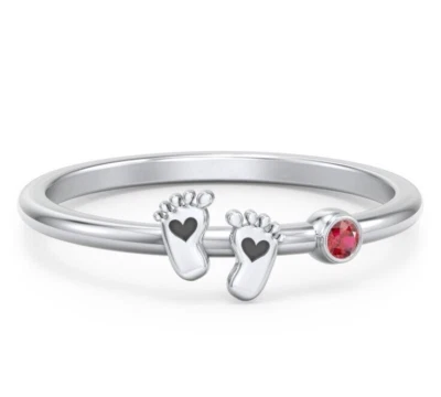 Simulated Round Cut Ruby With Baby Feet's Print Ring For Women In 10K White Gold - Image 1 of 4