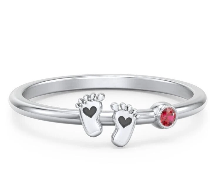 Simulated Round Cut Ruby With Baby Feet's Print Ring For Women In 10K White Gold - Image 1 of 4
