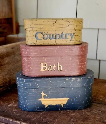 Primitive Stacking Boxes Country Bath Paper Mache Set of 3 Bathroom Decor - Image 1 of 4