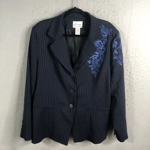 Linea Louse Dell Olio Blazer Womens XL Navy Blue Pinstriped Embroidery Art - Picture 1 of 18