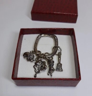Anello Portachiavi Vintage Argento 800 con 4 Charms Portafortuna - Immagine 1 di 4