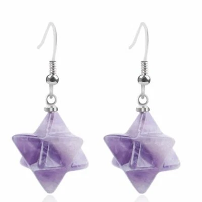 Par de brincos de reiki da moda pendurados estrela merkaba quartzo rosa cristal pedra preciosa - Imagem 1 de 2