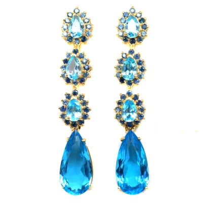 Gemstone 11 x 21 MM. Swiss Blue Topaz & Sapphire Earrings 925 Sterling Silver - Image 1 of 4