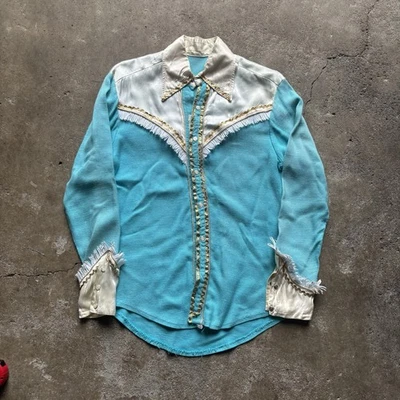Vintage Mid Century Rayon Blend Silk Western Shirt Blue White Medium - Image 1 of 4