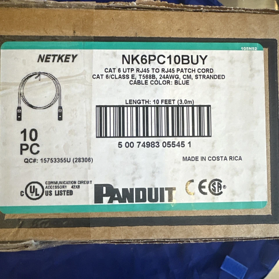 NEW 10 Pack Panduit / NetKey NK6PC10BUY Cat 6 UTP RJ45 10' Blue Patch Cord - Image 1 of 3