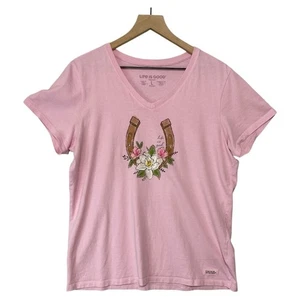 Life is Good Floral Horseshoe Crusher Tee Gr. L Pink Positive Vibes Girly - Bild 1 von 9
