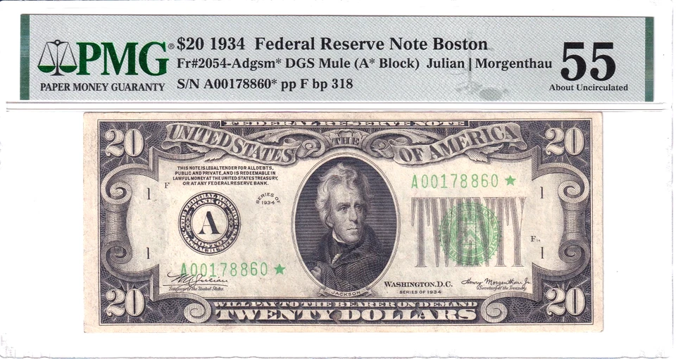 1934 $20 Federal Reserve *STAR* Note Mule Boston PMG About Unc 55 #A00178860* - Image 1 of 2