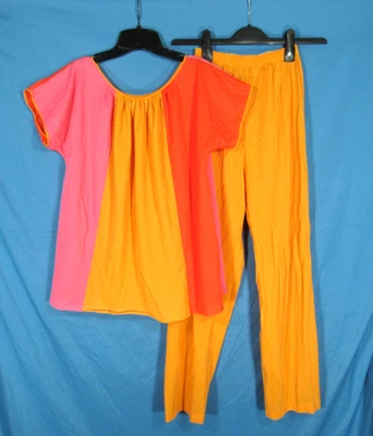 VTG VANITY FAIR Orange/Red/Pink COLORBLOCK Lounge PAJAMAS SET Top/Pants Sz 34 - Image 1 of 4