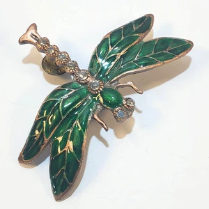 Vintage große bronzefarbene Metall grüne Emaille Strass Libelle Double Tack Pin - Bild 1 von 5