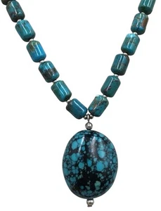 Vtg Artisan Turquoise Beaded Necklace Genuine stone W/Large Black Matrix Pendant - Picture 1 of 4