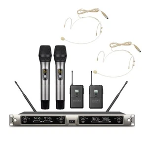 4 Channel UHF Wireless Cordless Microphone System 2 Bodypack 2 Headworn Beige - Picture 1 of 3