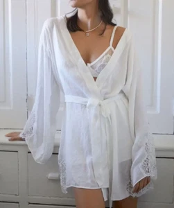 Anthropologie womens XS/S Ivory Lace Sequin Belted Robe pockets solid lingerie - Picture 1 of 14