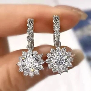 2.60Ct Round Moissanite Diamond Drop Dangle Earrings 14K White Gold Plated - Picture 1 of 9