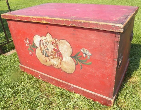 Antique Theater Troupe Costume Trunk Painted dovetailed campier wood Cover