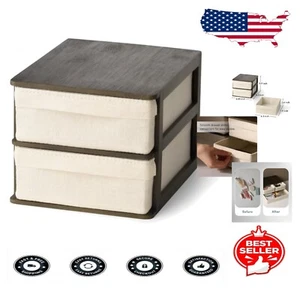 Stylish Desktop Organizer with Cotton Linen Drawers - 2 Stackable Beige Slots - Bild 1 von 11