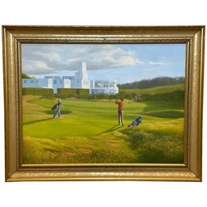 English Sporting Oil Painting Golf Players 18th Green Royal Birkdale Southport - Picture 1 of 12