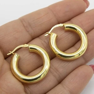 5mm x 30mm 1" All Shiny Plain Hoop Earrings 14K Yellow Gold-Plated Silver 925 - Picture 1 of 5