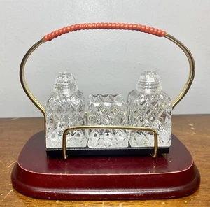 Vintage 3 Piece Crystal Salt and Pepper Shaker and Caddy Serving Set - Picture 1 of 10