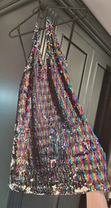 Motel Multicolour Rainbow Sequin Open Back Cocktail Party Mini Dress UK Size XS - Picture 1 of 4