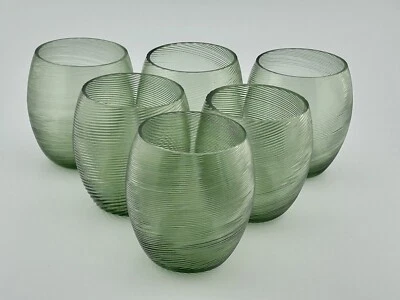 1960s Hand-Blown Threaded Roly Poly Cordial Glasses Set/6 Green 2¾″ x 2½″ VTG - Image 1 of 4