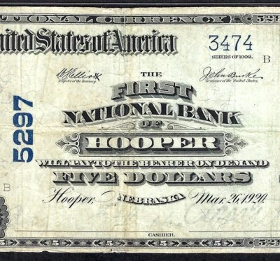 🇺🇸 NE 1902 $5  ♚♚ HOOPER, NEBRASKA ♚♚ PMG VERY FINE 25 HARD TO FIND! - Image 1 of 3