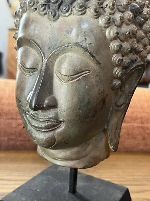 12" BRONZE BUDDHA HEAD on custom iron/wood stand - Image 1 of 4