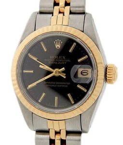 Rolex Datejust Ladies Two-Tone 18K Gold & Steel Watch Black Dial 69173 - Picture 1 of 7
