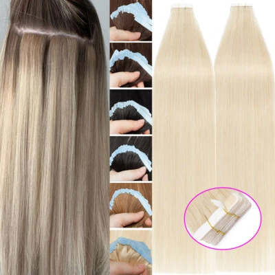 Invisible THICK Tape In Remy Skin Weft Real Human Hair Extensions Full Head 200G - Image 1 of 4
