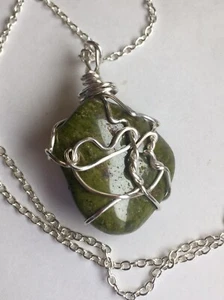 Green Unakite Wire Wrapped Stone Pendant With Chain - Picture 1 of 7