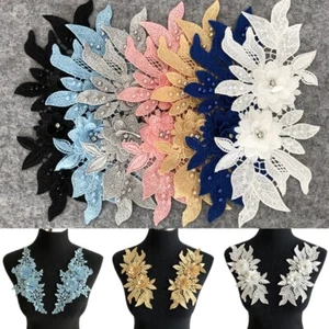 1 Pair Costume Craft Lace Applique Floral Embroidery Evening Dress Wedding Motif - Picture 1 of 29